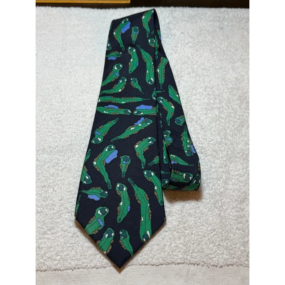 Josh Bach Mens Silk Tie Golf Course Aerial View Navy Blue Green Hand Finished